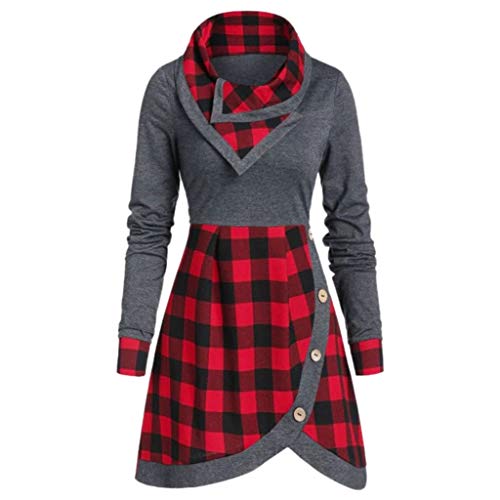 Auifor Women's Fashion Dresses Long Sleeve Plaid Patchwork Buttons Pullover Dress with Irregular Hem Fitted Waist Sweatshirt Dress(Red,XXL) steampunk buy now online
