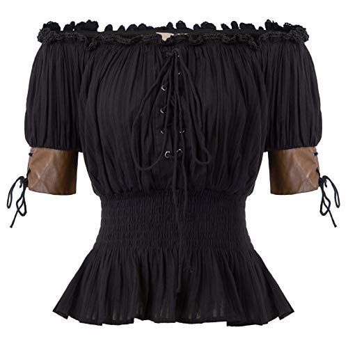 Belle Poque Women's Gothic Lace-Up Front Smocked Waist Off Shoulder Tops Black Size XL steampunk buy now online