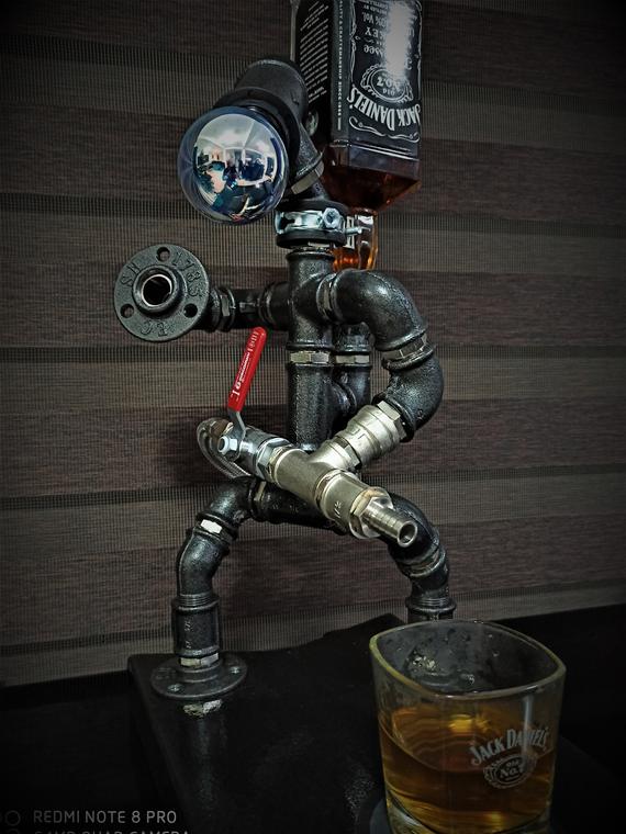 BlackJack - Unique Robot Pipe Alcohol Dispenser & Industrial Lamp, Liquor, Whiskey, Steampunk, Handmade, Gift for Him, Birthday gift, wood by byFredy steampunk buy now online