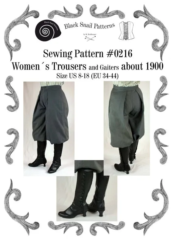 Edwardian Womens Trousers and Gaiters about 1900 #0216 Size US 8-30 (EU 34-56) Pdf Download by BlackSnailPatterns steampunk buy now online Edwardian Womens Trousers and Gaiters about 1900 #0216 Size US 8-30 (EU 34-56) Pdf Download by BlackSnailPatterns steampunk buy now online