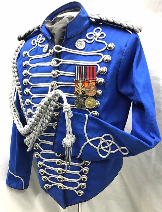 Men's Military 5 pcs Hussar Officer jacket in Royal blue with silver Ropes Medals,Aiguillette, Epaulettes & Cravat available to fit 42"44"46 by SteamEraProduction steampunk buy now online