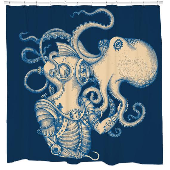 Octopus Shower Curtain, Kraken Bath Decor, Nautical Bathroom Decor, Cool Shower Curtain, Navy Fabric, Steampunk, Shower Set, Hooks Included by sharpshirter steampunk buy now online