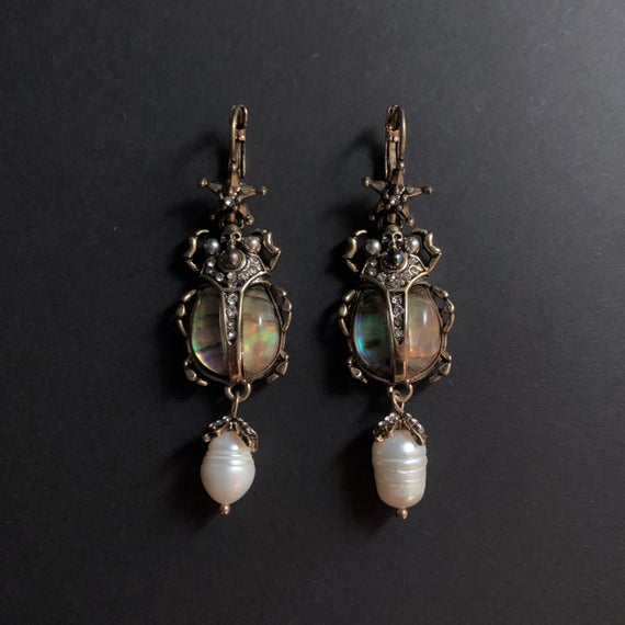 Scarab Abalone Earrings | Opalescent Egyptian Beetle | Art Deco Earrings | Art Nouveau Earrings | Vintage Earrings | Statement Earrings by NordicNoir steampunk buy now online