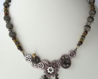 Steampunk Necklace with Cogs and Gears, a Spider, a Rose, Movable Cog by whimsybiz steampunk buy now online