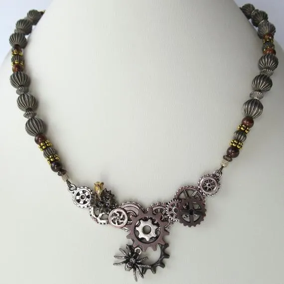 Steampunk Necklace with Cogs and Gears, a Spider, a Rose, Movable Cog by whimsybiz steampunk buy now online