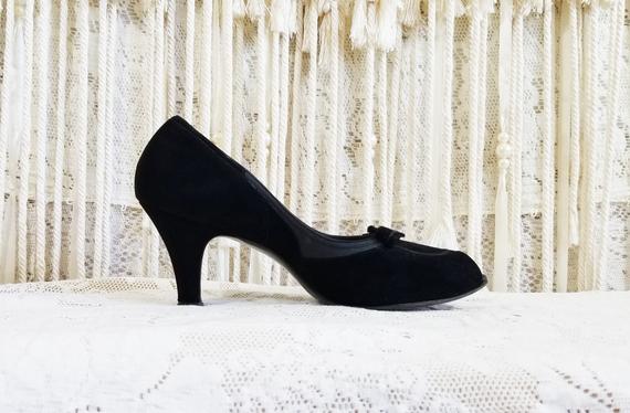 Vtg 40s Open Tie Black Suede Pumps / size 5.5 6 by SirenCallVintage steampunk buy now online