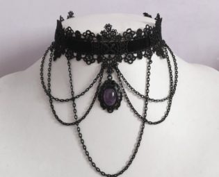 Black Gothic Choker Amethyst Choker Stone Choker Lace Chains Necklace Jewelry by LilacatDesigns steampunk buy now online