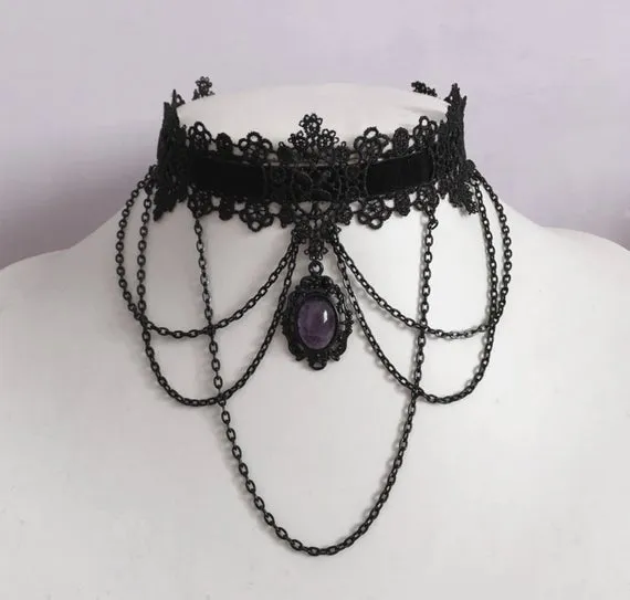 Black Gothic Choker Amethyst Choker Stone Choker Lace Chains Necklace Jewelry by LilacatDesigns steampunk buy now online