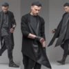 Black open front cardigan with leather trim, men asymmetric oversized jacket, long kimono cardigan, gothic steampunk clothing spring A0097 by MDNT45 steampunk buy now online