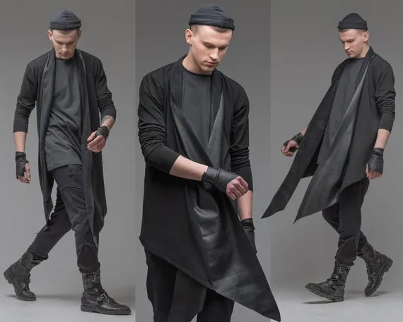Black open front cardigan with leather trim, men asymmetric oversized jacket, long kimono cardigan, gothic steampunk clothing spring A0097 by MDNT45 steampunk buy now online