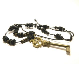 Bronze skeleton key, unisex Steampunk jewelry, natural cotton cord wooden beads, leather and bronze items, steam punk jewellery gift for man by EmilySteampunk steampunk buy now online