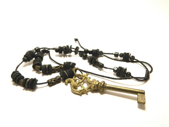 Bronze skeleton key, unisex Steampunk jewelry, natural cotton cord wooden beads, leather and bronze items, steam punk jewellery gift for man by EmilySteampunk steampunk buy now online