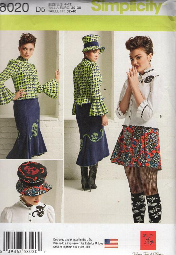 New Sewing Pattern Simplicity 8020 Goth Steampunk Top Skirt Hat Skeleton Size 4/12 Bust 29 30 32 34 Uncut (Last size left) by LanetzLiving steampunk buy now online
