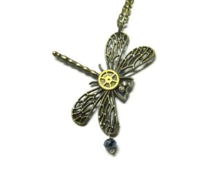 Odonata, time of the Dragonfly, unique birthday gift, Steampunk necklace filigree handmade decorated, antique bronze, black faceted crystal by EmilySteampunk steampunk buy now online