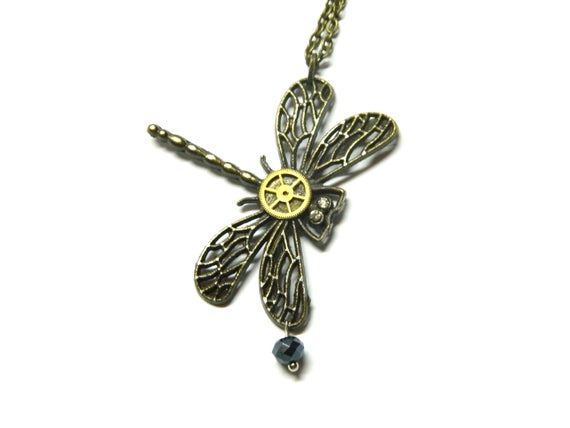 Odonata, time of the Dragonfly, unique birthday gift, Steampunk necklace filigree handmade decorated, antique bronze, black faceted crystal by EmilySteampunk steampunk buy now online