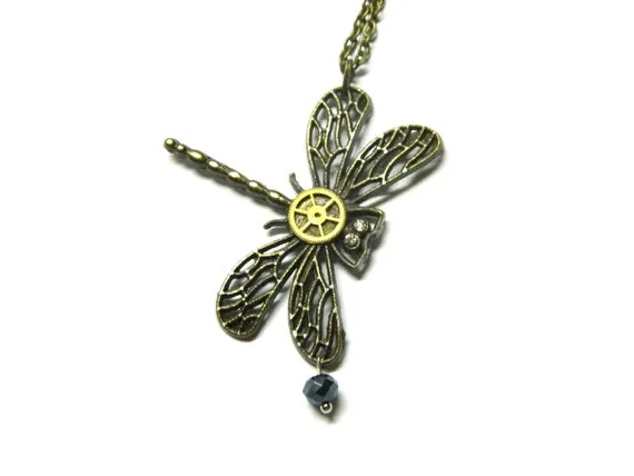 Odonata, time of the Dragonfly, unique birthday gift, Steampunk necklace filigree handmade decorated, antique bronze, black faceted crystal by EmilySteampunk steampunk buy now online Odonata, time of the Dragonfly, unique birthday gift, Steampunk necklace filigree handmade decorated, antique bronze, black faceted crystal by EmilySteampunk steampunk buy now online