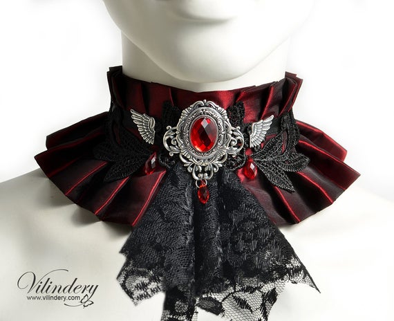 Red choker with a black jabot and wings - Victorin princess, Fantasy collar, Red Wedding accessories, Angle wings, Vampire queen neck corset by Vilindery steampunk buy now online