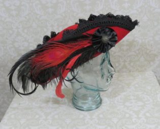 Red Pirate Hat- Fancy Red Wool Tricorn with Black Trim, Ostrich, Rooster and Peacock Feathers- 100% Wool Tricorn by RoyalHouseOfWhimsy steampunk buy now online
