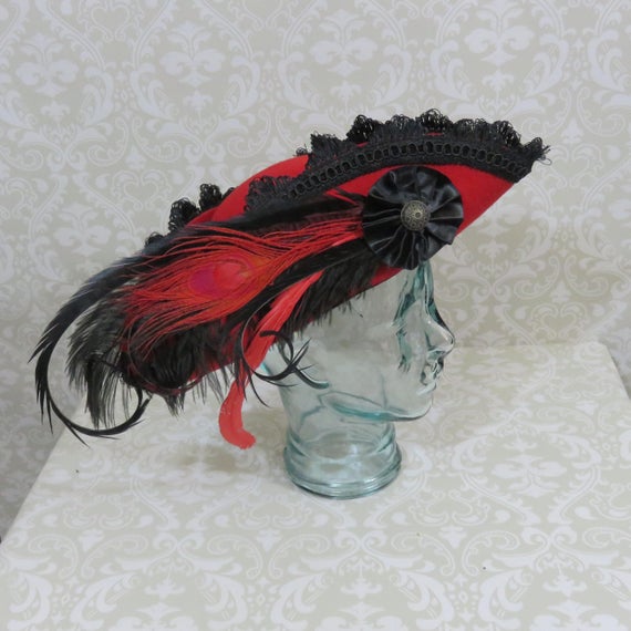 Red Pirate Hat- Fancy Red Wool Tricorn with Black Trim, Ostrich, Rooster and Peacock Feathers- 100% Wool Tricorn by RoyalHouseOfWhimsy steampunk buy now online