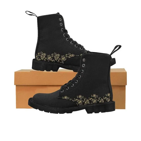 Steampunk Gold Floral Women's Black Combat Boots, Hiking Boots, Motorcycle Riding Boots by CandyCoutureStore steampunk buy now online Steampunk Gold Floral Women's Black Combat Boots, Hiking Boots, Motorcycle Riding Boots by CandyCoutureStore steampunk buy now online