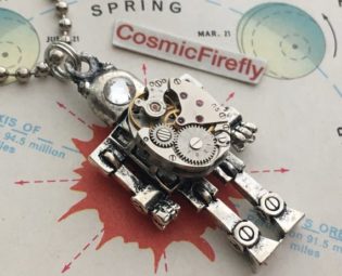 Steampunk Robot Necklace Tiny Vintage Watch Movement Small Silver Robot Antique Vintage Watch Movement Swarovski Crystal Eye by CosmicFirefly steampunk buy now online