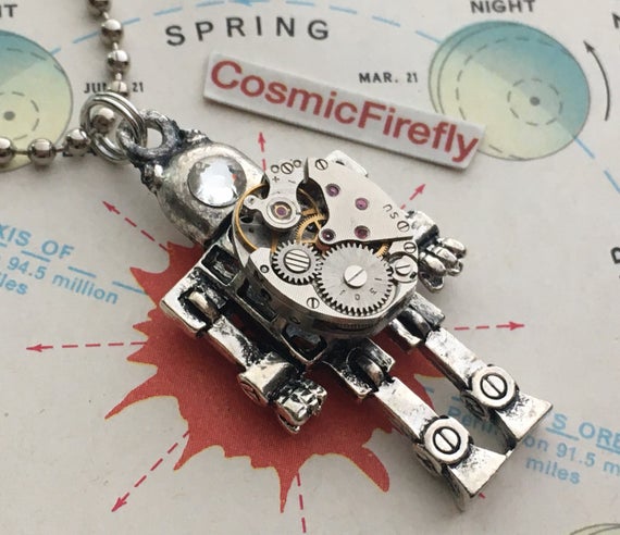 Steampunk Robot Necklace Tiny Vintage Watch Movement Small Silver Robot Antique Vintage Watch Movement Swarovski Crystal Eye by CosmicFirefly steampunk buy now online