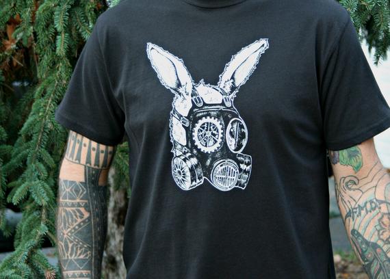 Tee Shirt Men's Gas Mask Rabbit Steampunk Gears Screen Print Black Organic Cotton by SundialArtsApparel steampunk buy now online