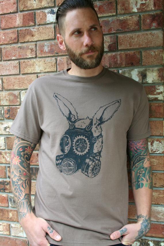 Tee Shirt Men's Gas Mask Rabbit Steampunk Gears Screen Print Tan Organic Cotton by SundialArtsApparel steampunk buy now online