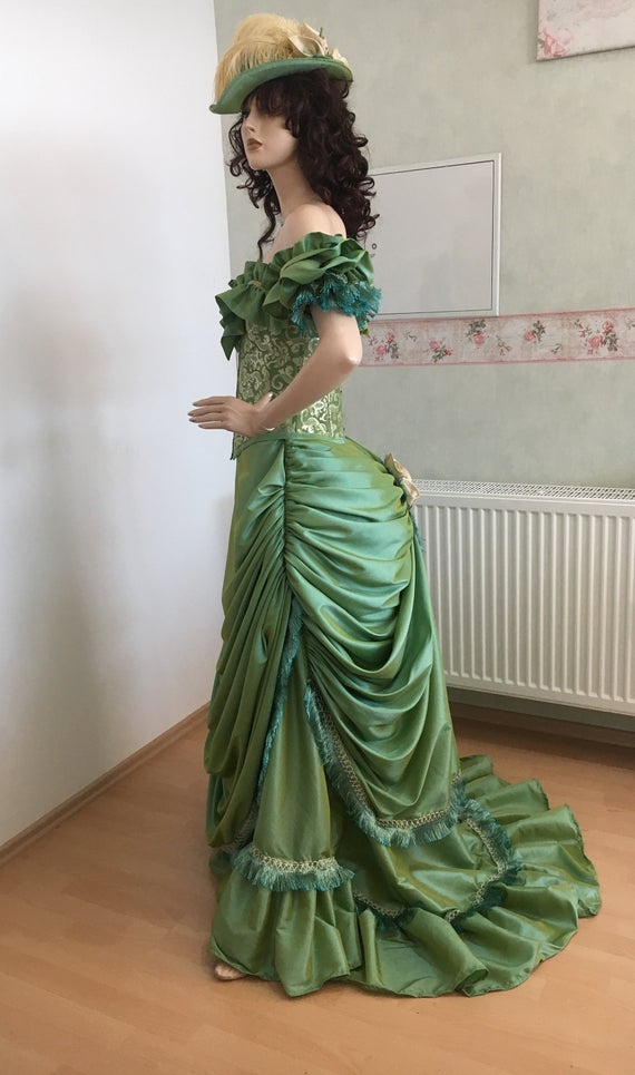Victorian bustle Dress with Hat & Necklace Brocade Bustle Gown by GlamourEpoque steampunk buy now online