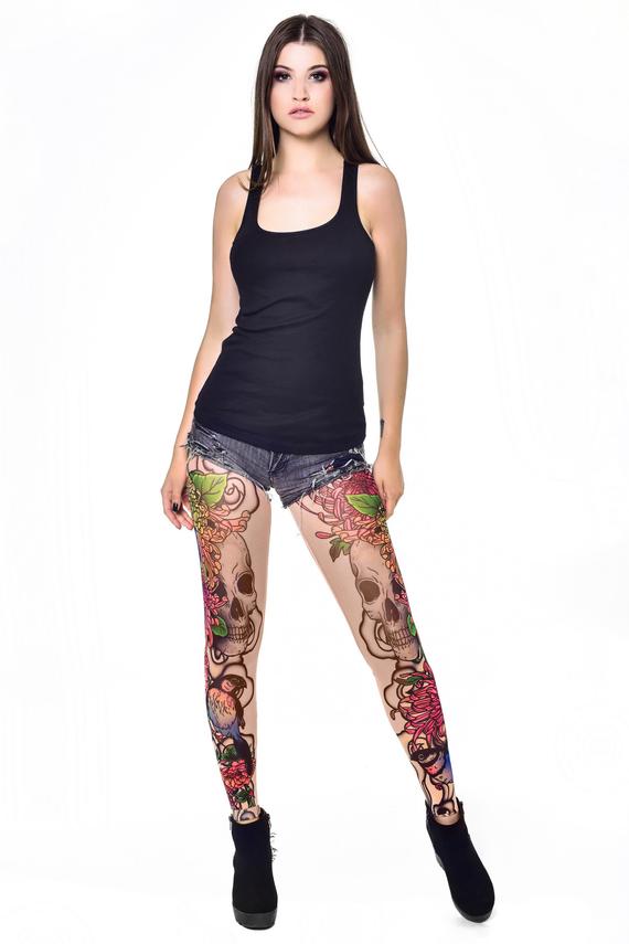 BIRDS & SKULL - Womens Printed Leggings, Temporary Tattoos, Mesh leggings, Womens Pants, Sexy Leggings, Skull Tattoo, Birds Tattoo, Flowers by dirrtytownclothing steampunk buy now online