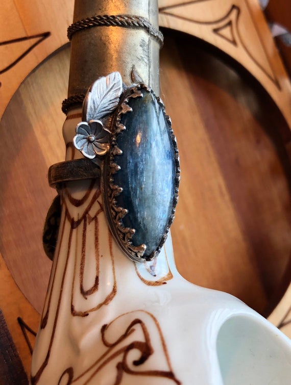 Blue Kyanite and sterling silver statement ring by Wildarabesque steampunk buy now online