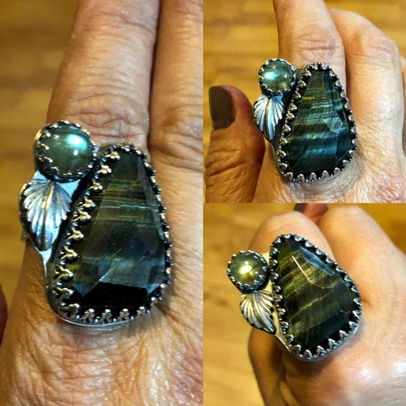 Blue Tigereye and labradorite statement ring by Wildarabesque steampunk buy now online