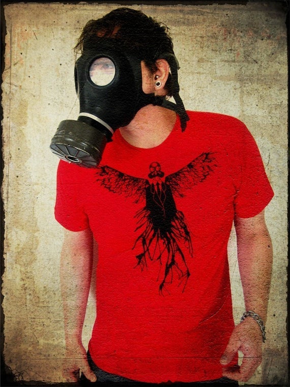 Gas Mask Angel Tshirt, Post Apocalyptic, Mens Graphic Tee, Steampunk Mens Clothing, Gas Mask Shirt, Angel Wings Tshirt, Gasmask Shirt by binarywinter steampunk buy now online