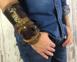 Genuine Leather Brace Dark Brown Steampunk Cuff Bracelet Alternative Rock Armband Real Leather Gothic Cosplay Wristband Metal Gears Studs by MarcaLeather steampunk buy now online