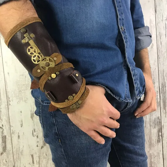 Genuine Leather Brace Dark Brown Steampunk Cuff Bracelet Alternative Rock Armband Real Leather Gothic Cosplay Wristband Metal Gears Studs by MarcaLeather steampunk buy now online Genuine Leather Brace Dark Brown Steampunk Cuff Bracelet Alternative Rock Armband Real Leather Gothic Cosplay Wristband Metal Gears Studs by MarcaLeather steampunk buy now online
