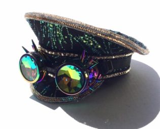 Green/Black Rave Captain Hat With Steampunk Goggles, Multicolor Sequin Head Wear For Rave Events And Concerts, Festival Hats by HigginsCreek steampunk buy now online
