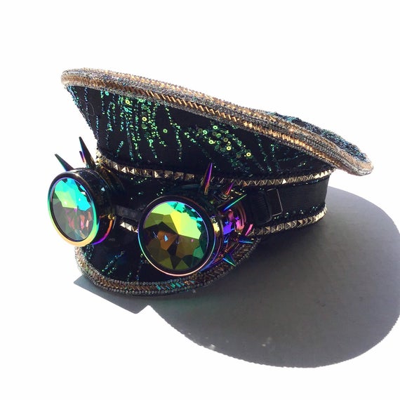 Green/Black Rave Captain Hat With Steampunk Goggles, Multicolor Sequin Head Wear For Rave Events And Concerts, Festival Hats by HigginsCreek steampunk buy now online