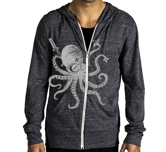 Japanese edgy Unisex Ninja Octopus Eco Hether Zip Hoodie Heather Black by namu steampunk buy now online