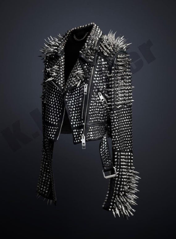 New Mens Full Black Punk Silver Long Spiked Studded Leather Brando Jacket by studwork steampunk buy now online