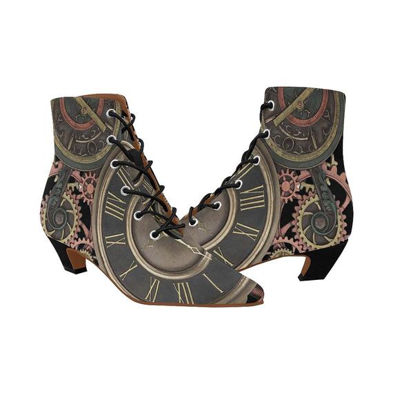 Steampunk Designer Ankle Boots Women's Chic Low Heel Vintage Clock Boots, Women's Vintage Steampunk Low Heel Ankle Boots, Clock Boots by CandyCoutureStore steampunk buy now online