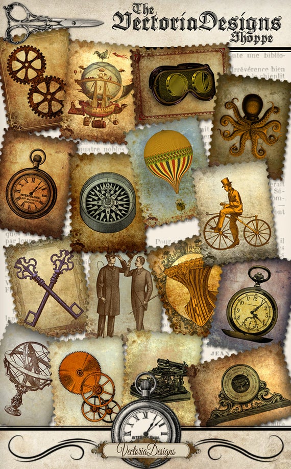 Steampunk Stamps, Postage Stamps, Digital Stamps, Steampunk Decoration, Printable Stamps, Digital Download, Steampunk Craft Art 000998 by VectoriaDesigns steampunk buy now online