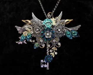 Beautiful Steampunk Vintage-style "Key to my Heart" necklace in blue green silver and gold + silver filigree butterfly, key, & crystals by KindHeartsEmporium steampunk buy now online