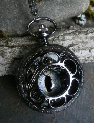 Gothic Steampunk Dark Pocket Watch Case with Opal Blue Eye and Tiny Skull by twistedsisterarts steampunk buy now online