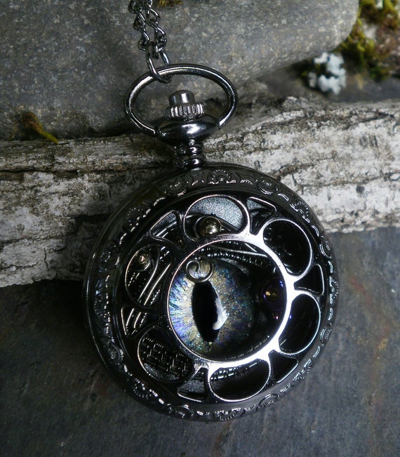 Gothic Steampunk Dark Pocket Watch Case with Opal Blue Eye and Tiny Skull by twistedsisterarts steampunk buy now online