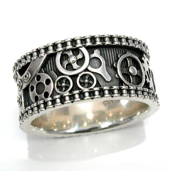Mens Bike Chain Gear Ring - Steampunk Sterling Silver - Wedding Engagement Ring by SwankMetalsmithing steampunk buy now online
