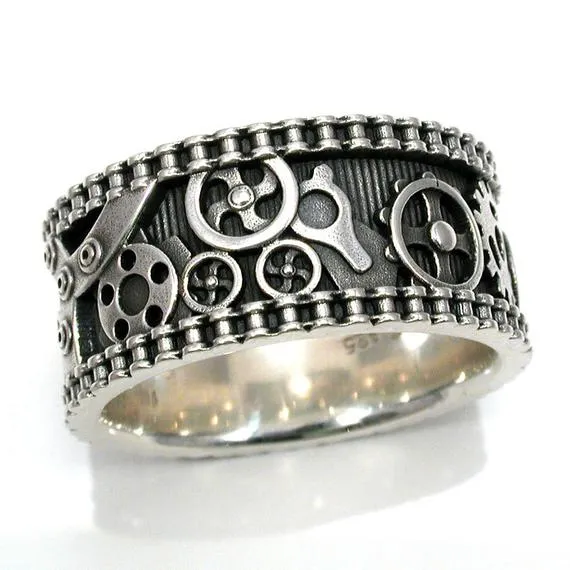 Mens Bike Chain Gear Ring - Steampunk Sterling Silver - Wedding Engagement Ring by SwankMetalsmithing steampunk buy now online Mens Bike Chain Gear Ring - Steampunk Sterling Silver - Wedding Engagement Ring by SwankMetalsmithing steampunk buy now online