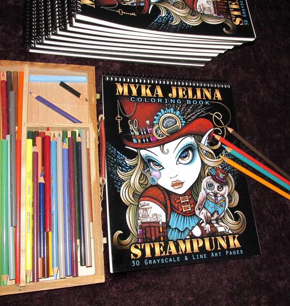 Myka Jelina Steampunk Coloring Book Collection FOUR Autographed Artist Edition 30 pages Fairy Line Art & Grayscale by MykaJelina steampunk buy now online