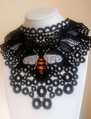 Steampunk black lace bib necklace, Oversized black necklace, Black lace necklace with bee embroidery, Steampunk statement jewelry gift by LiaNerula steampunk buy now online