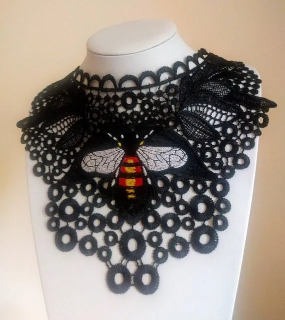 Steampunk black lace bib necklace, Oversized black necklace, Black lace necklace with bee embroidery, Steampunk statement jewelry gift by LiaNerula steampunk buy now online