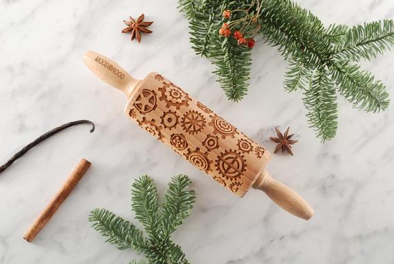 STEAMPUNK - MINI embossing rolling pin for cookies, laser engraved, solid wood, perfect Christmas gift, Mother’s Day gift, punk, industrial by MoodForWood steampunk buy now online